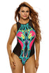 Cartoon Flamingo Print Zipped Black Mesh Monokini